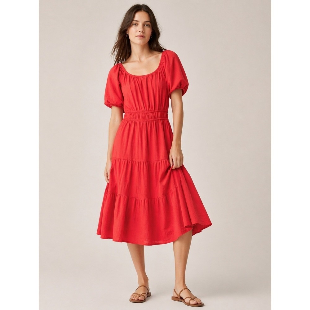 Destination 365 Red Cottagecore Summer Cotton Midi Dress S Tiered Pockets Boho